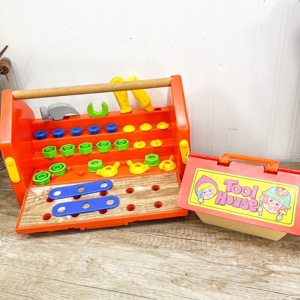 Vintage Tote Bench Tool Set and Tool House Playset Orange Workbench Tools